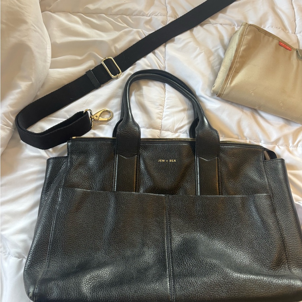 Jem + Bea Black gold hardware luxury Diaper bag Handbag real leather luggage